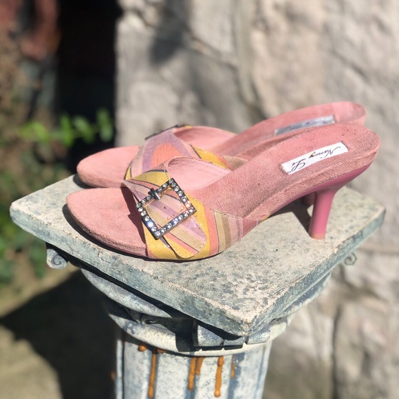 Vintage pink heeled mules
